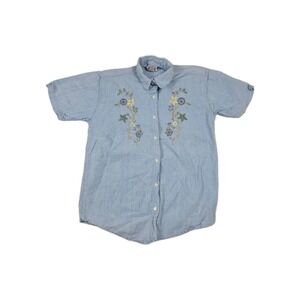 Premier International Women's Size Small Blue Denim Shirt Flower‎ Embroidered